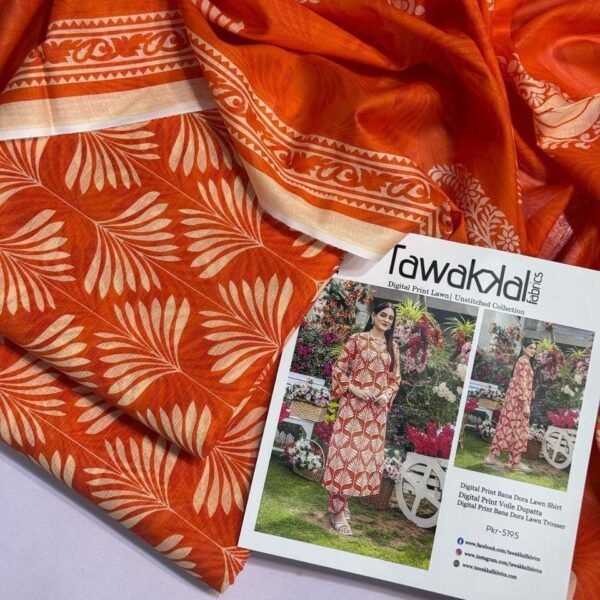 Tawakkal Lawn Unstitched 3 Piece Suit | Colour- Reddish Orange