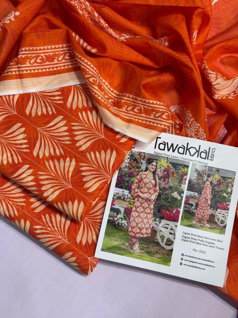 Tawakkal Lawn Unstitched 3 Piece Suit | Colour- Reddish Orange