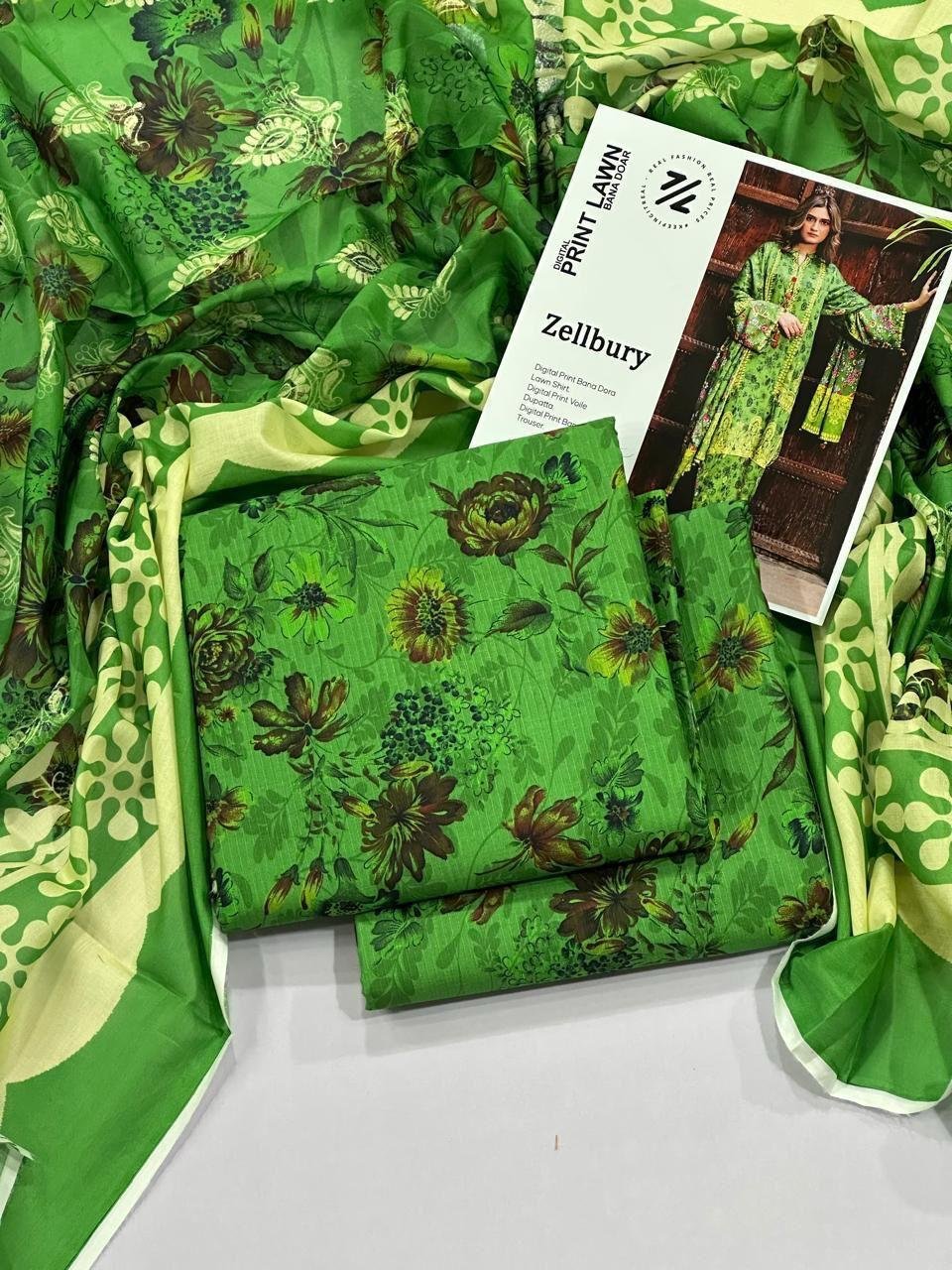 Zellbury Lawn Unstitched 3 Piece Suit | Colour- Lime Green Suit