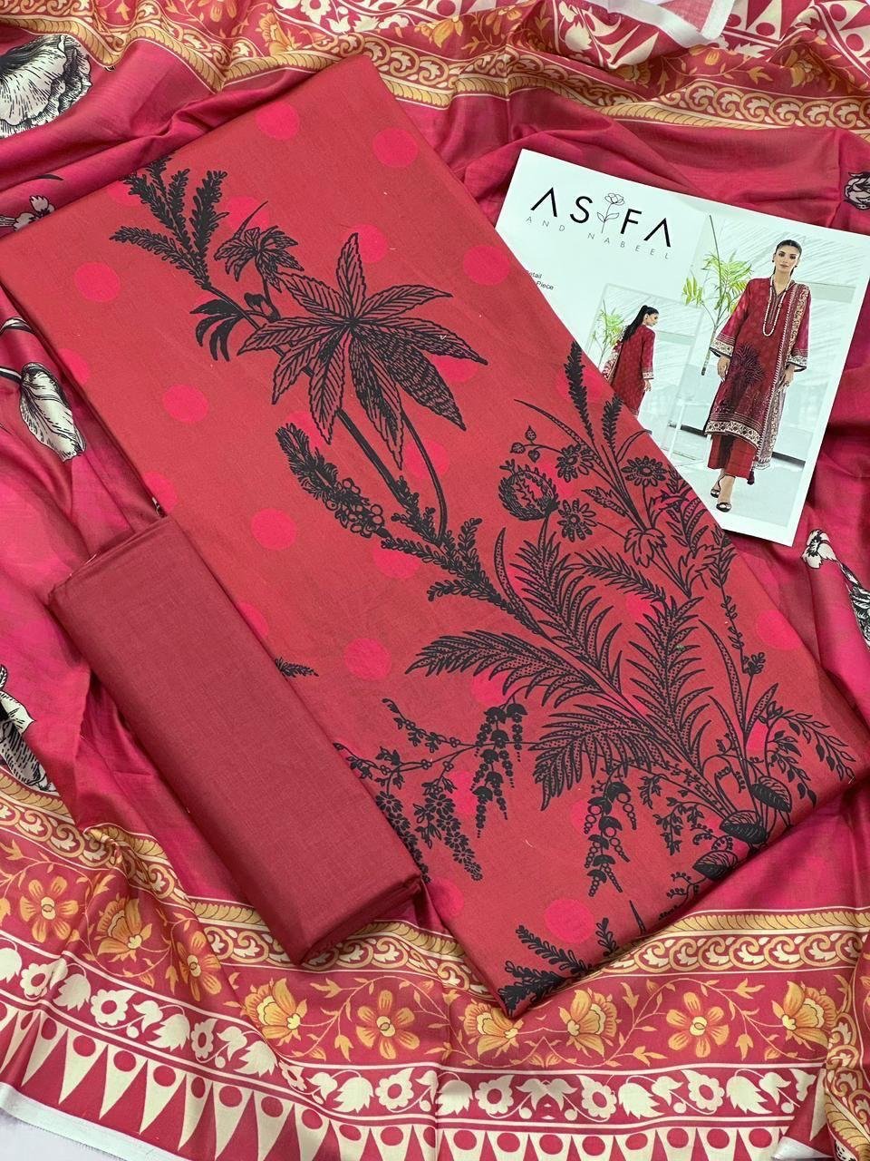 Asifa and Nabeel Lawn Unstitched 3 Piece Suit | Colour-Reddish Suit Asifa and Nabeel Lawn Unstitched 3 Piece Suit | Colour-Reddish Suit
