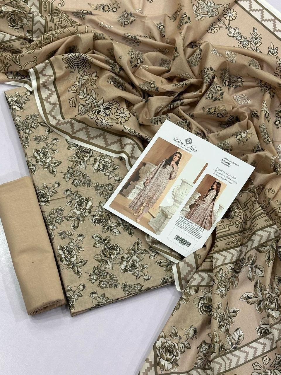 Bint e Naz Lawn Unstitched 3 Piece Suit | Colour-Brown Suit