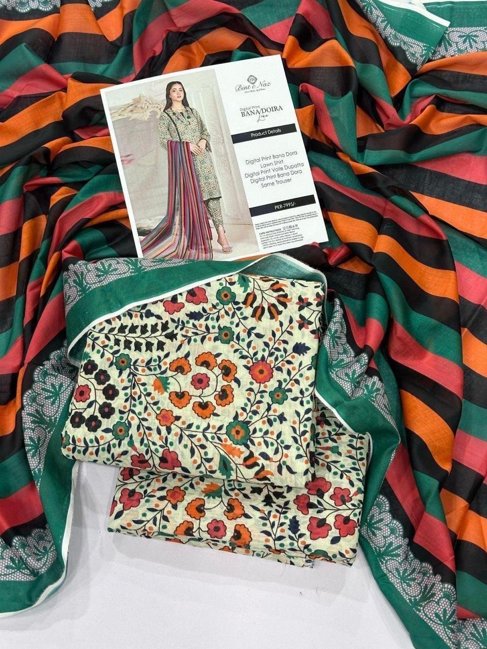 Bint e Naz Lawn Unstitched 3 Piece Suit | Colour-White Bint e Naz Lawn Unstitched 3 Piece Suit | Colour-White