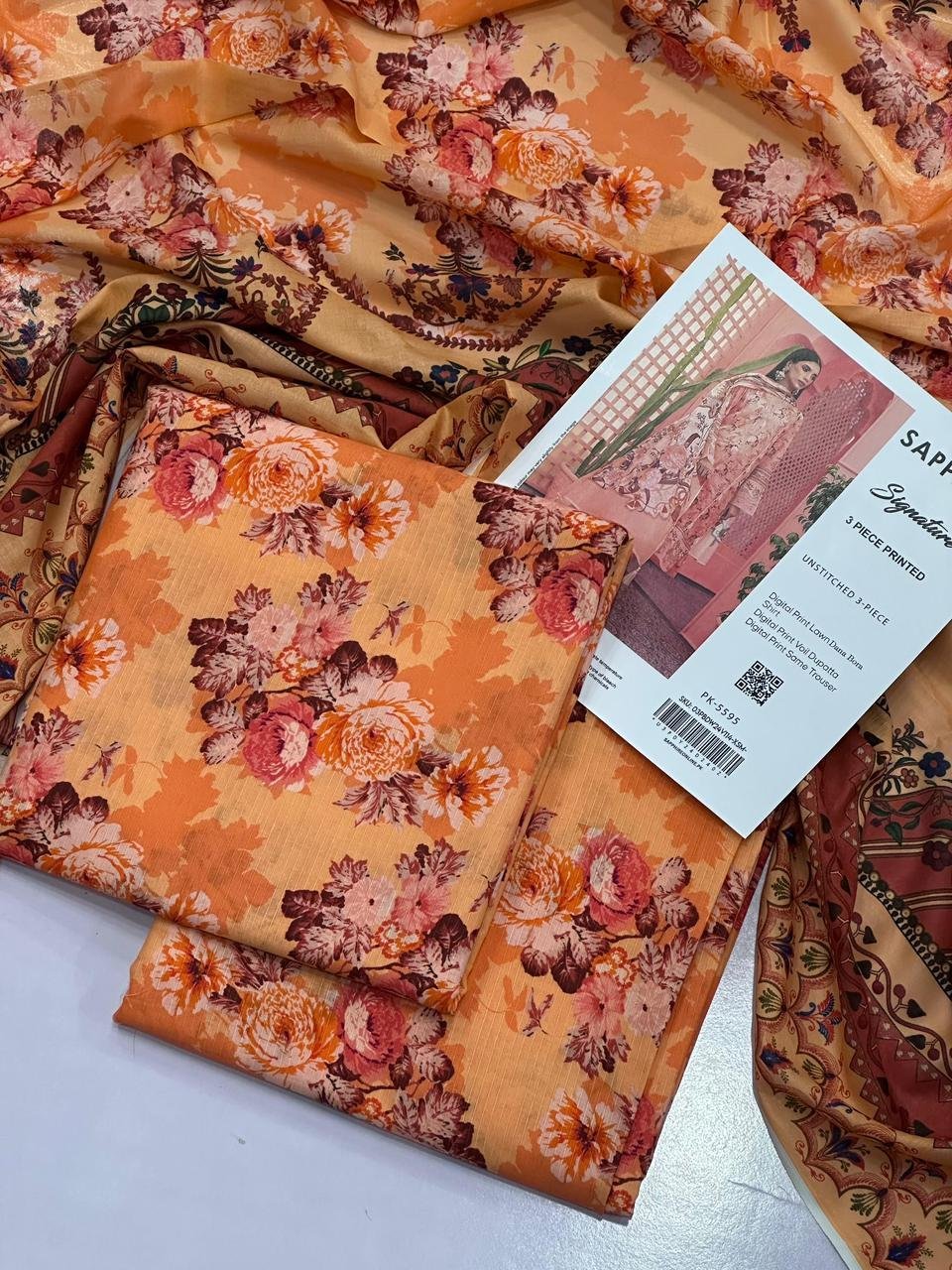 Sapphire Signature Unstitched 3 Piece Digital Print Lawn | Colour-Orange Sapphire Signature Unstitched 3 Piece Digital Print Lawn | Colour-Orange