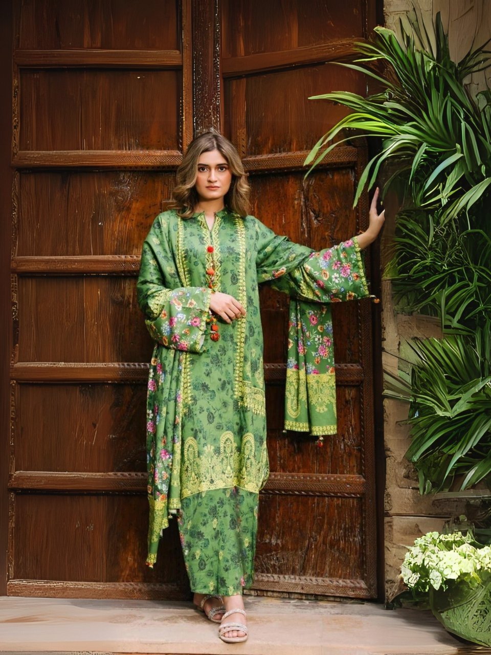 women wear Zellbury Lawn 3 Piece Suit | Colour- Lime Green Suit