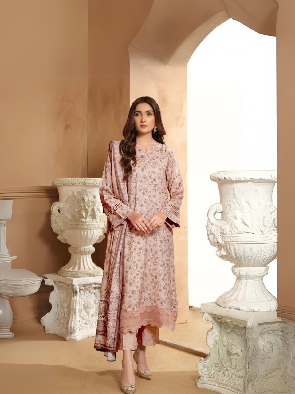women wear Bint e Naz Lawn 3 Piece Suit | Colour-Vanilla Suit