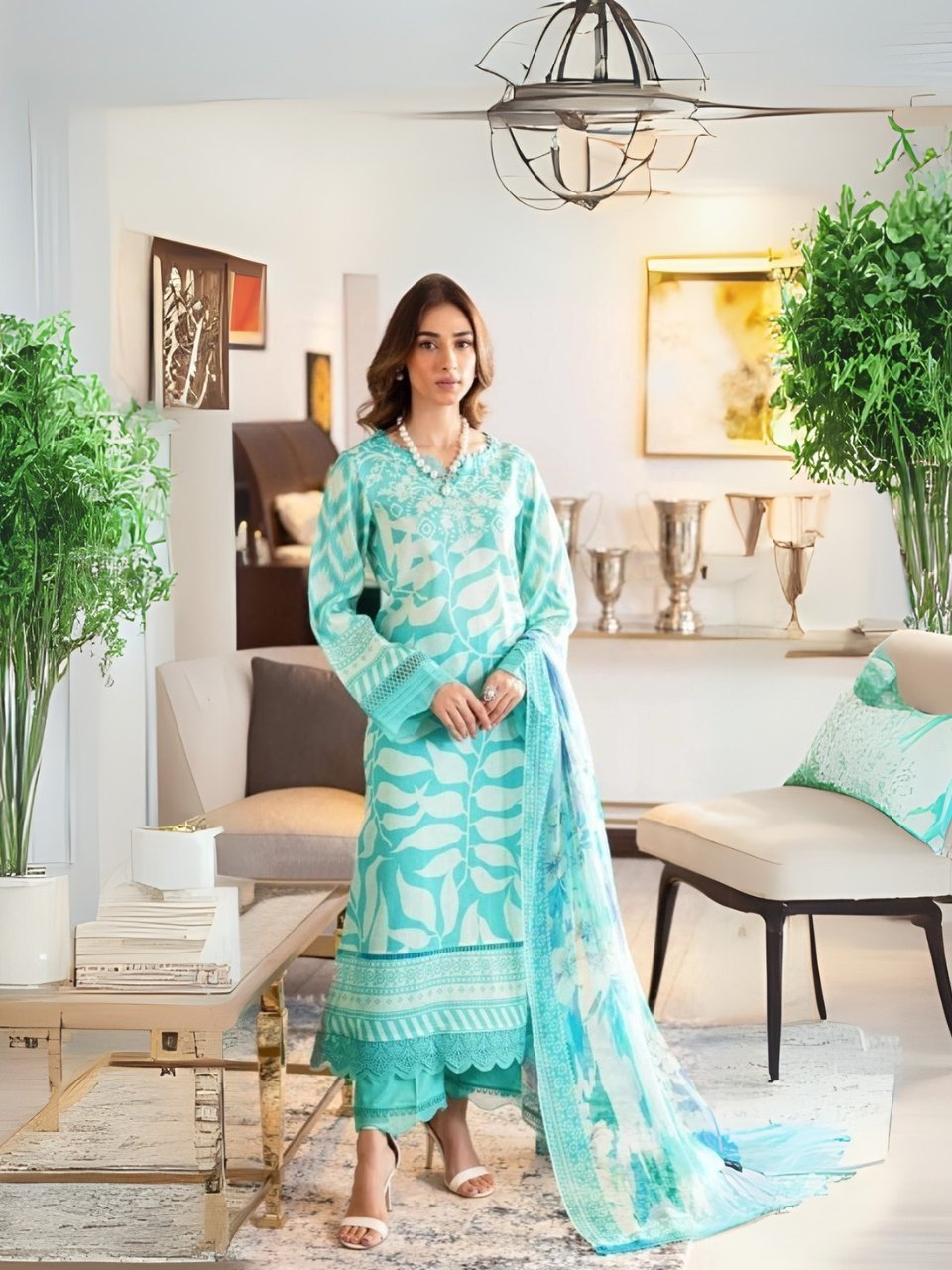 women wear Maria B Lawn 3 Piece Suit | Colour-Ball Blue