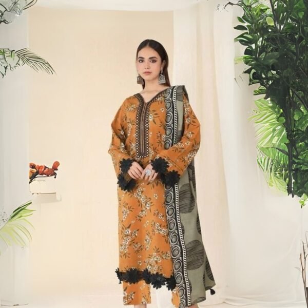 women wear Khaadi Lawn 3 Piece Suit | Colour-Dark Orange