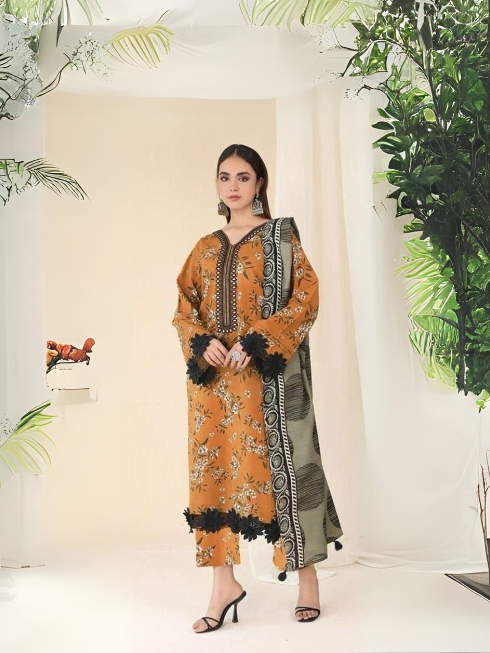 women wear Khaadi Lawn 3 Piece Suit | Colour-Dark Orange