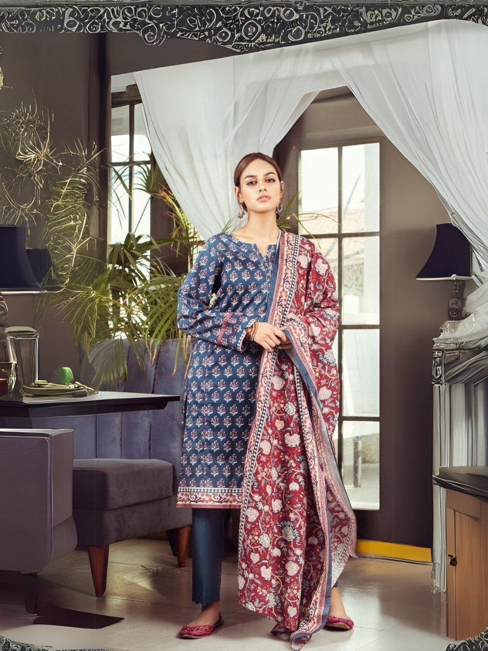 Women wear Zeen Lawn 3 Piece Suit | Colour-Nile Blue