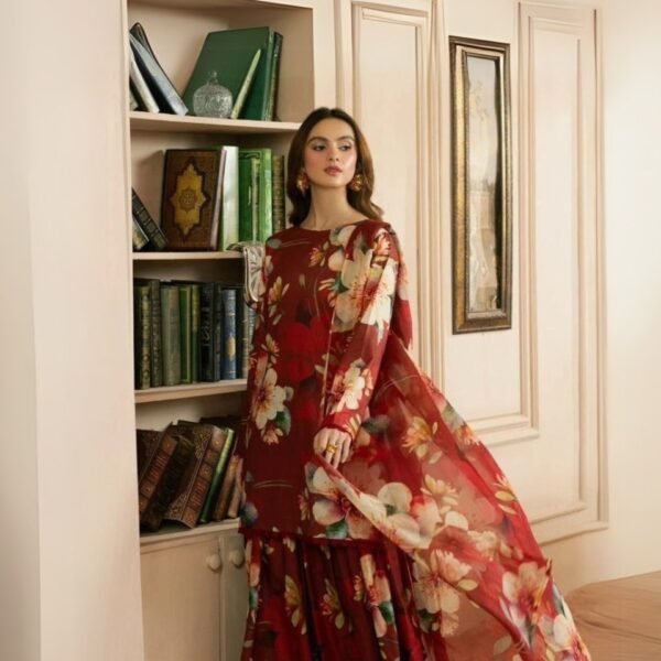 women wear Nishat Lawn 3 Piece Suit | Colour- Woody Brown