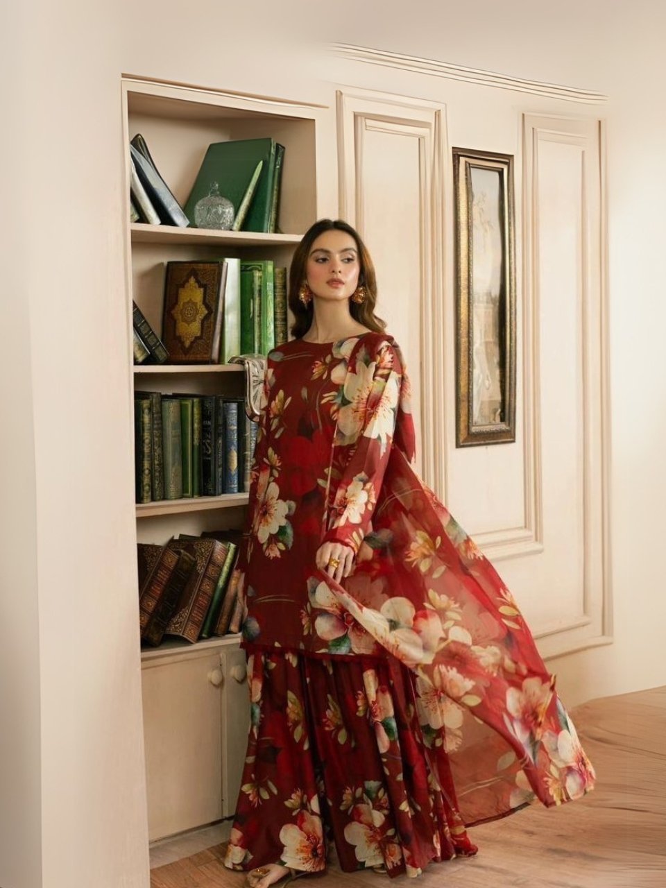 women wear Nishat Lawn 3 Piece Suit | Colour- Woody Brown