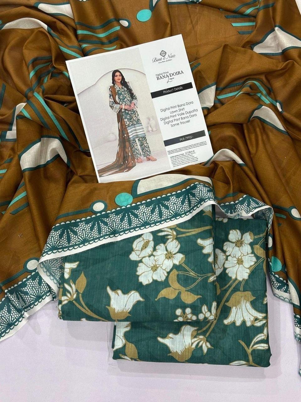 Bint e Naz Lawn Unstitched 3 Piece Suit | Colour-Dark Green