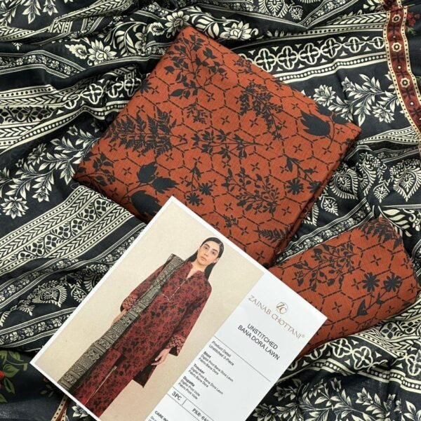 Zainab Chottani Lawn Unstitched 3 Piece Suit | Colour-Brown Rust