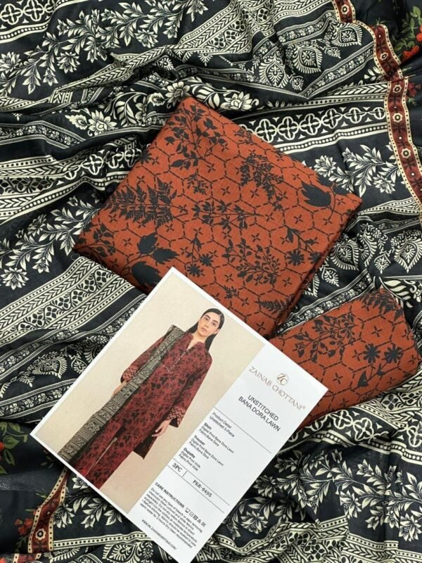 Zainab Chottani Lawn Unstitched 3 Piece Suit | Colour-Brown Rust