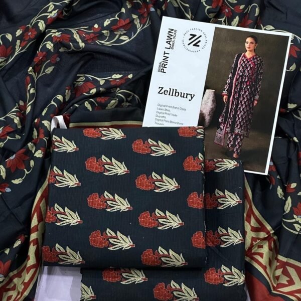 Zellbury Lawn Unstitched 3 Piece Suit | Colour-Dark Suit