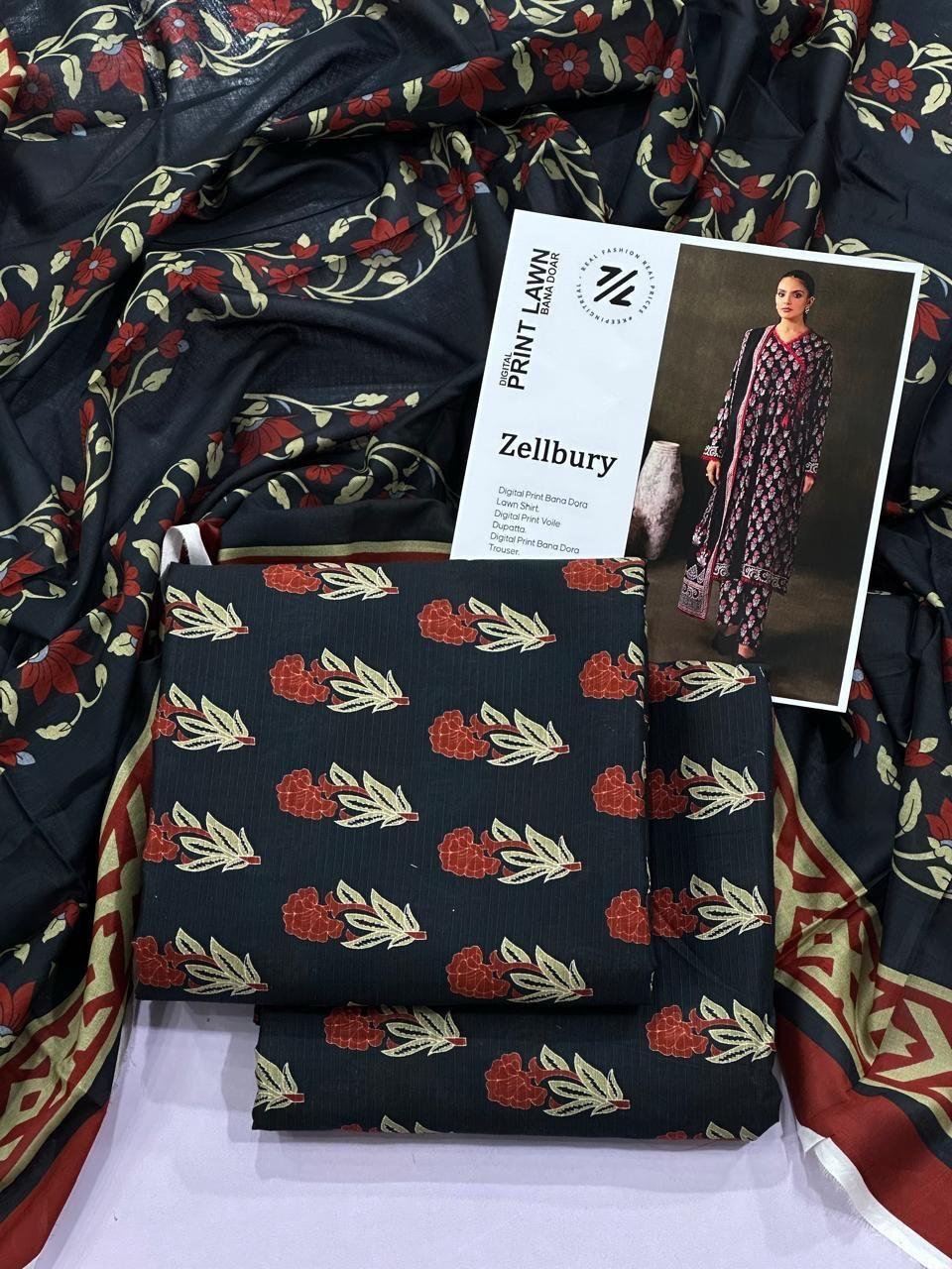 Zellbury Lawn Unstitched 3 Piece Suit | Colour-Dark Suit