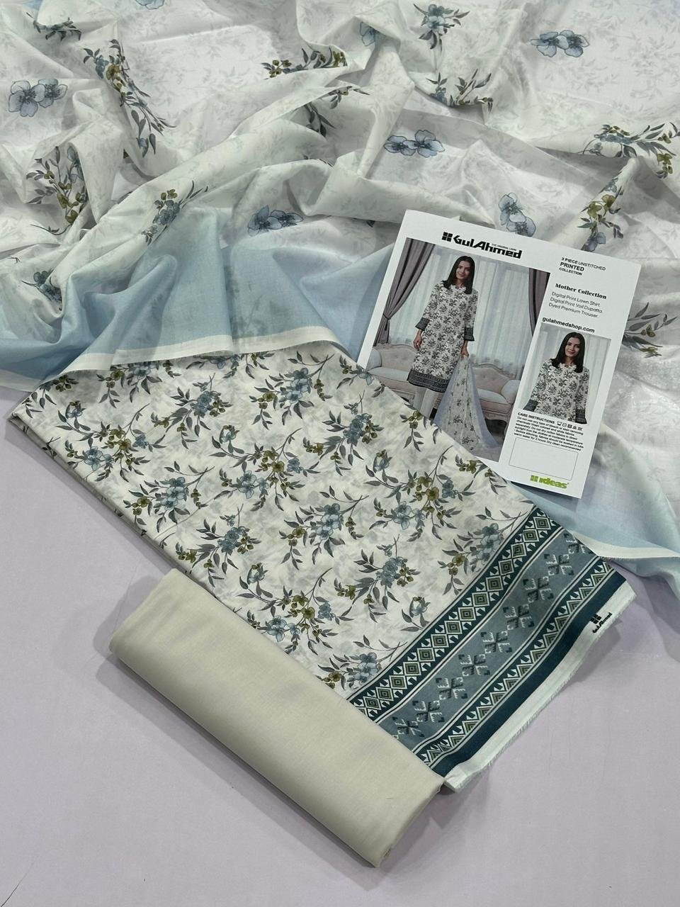 Gul Ahmed Lawn Unstitched 3 Piece Suit | Colour-Ash Grey