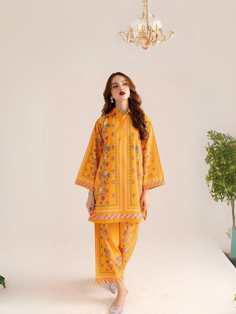 women wear Bint e Naz Lawn 2 Piece Suit | Colour-Peach Orange