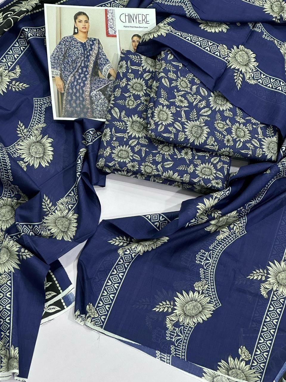 Chinyere Print Lawn Unstitched 3 Piece Suit | Colour-Dark Blue Chinyere Print Lawn Unstitched 3 Piece Suit | Colour-Dark Blue