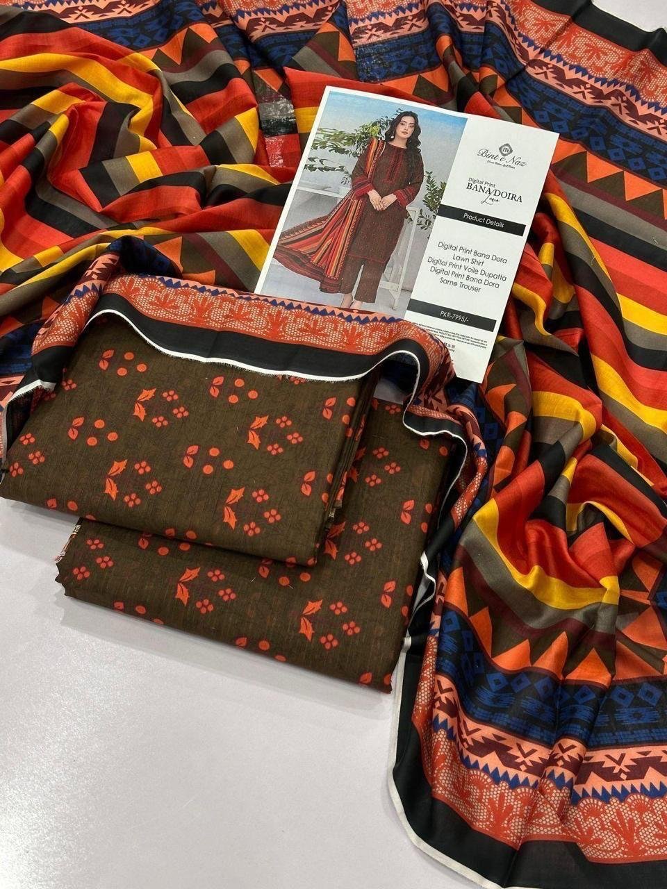 Bint e Naz Lawn Unstitched 3 Piece Suit | Colour-Dark Brown