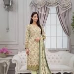 women wear Gul Ahmed Lawn 3 Piece Suit in Vanilla