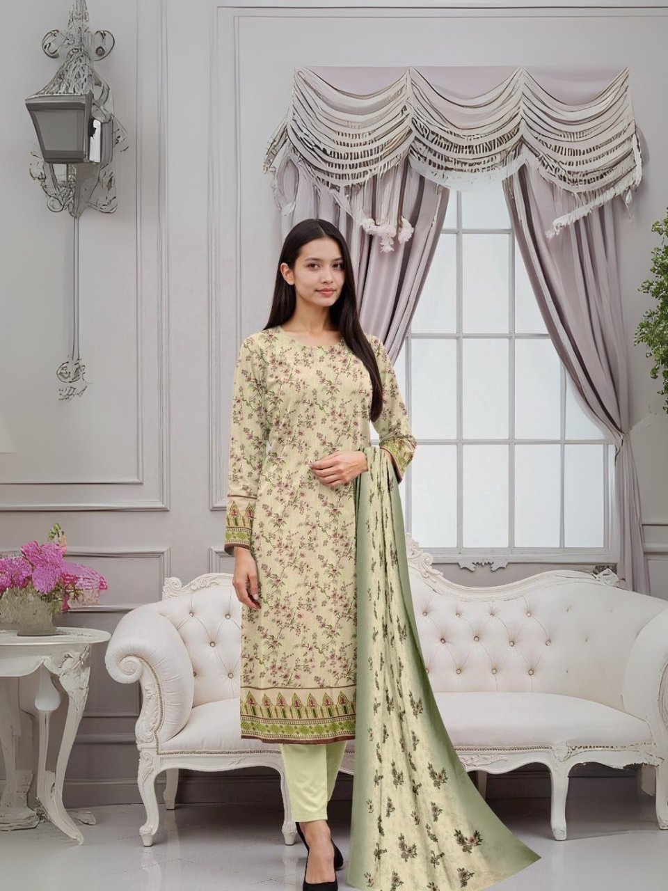 women wear Gul Ahmed Lawn 3 Piece Suit in Vanilla