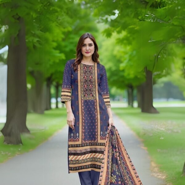 women wear Maria B Lawn 3 Piece Suit | Colour-Dark Slate Grey