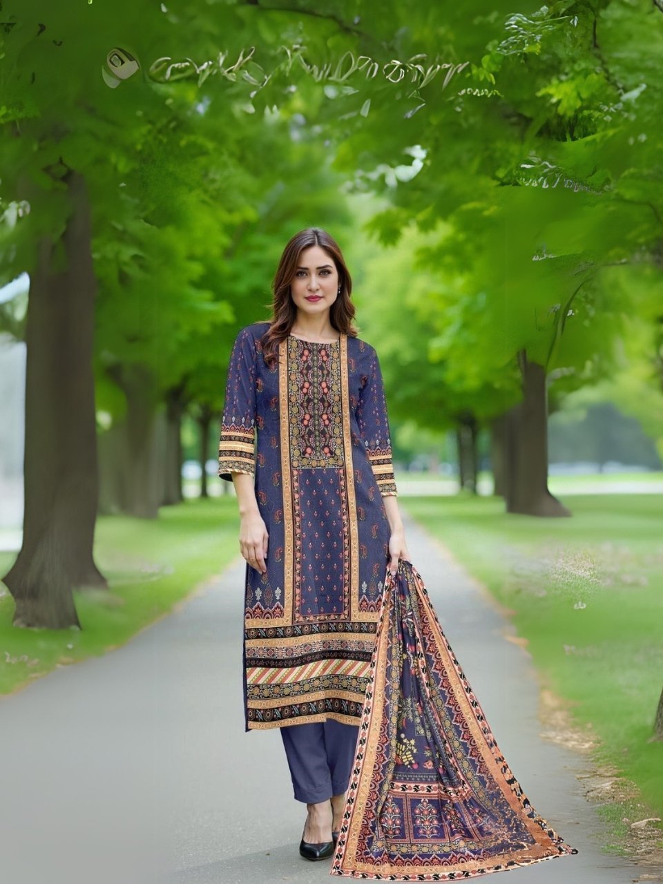 women wear Maria B Lawn 3 Piece Suit | Colour-Dark Slate Grey