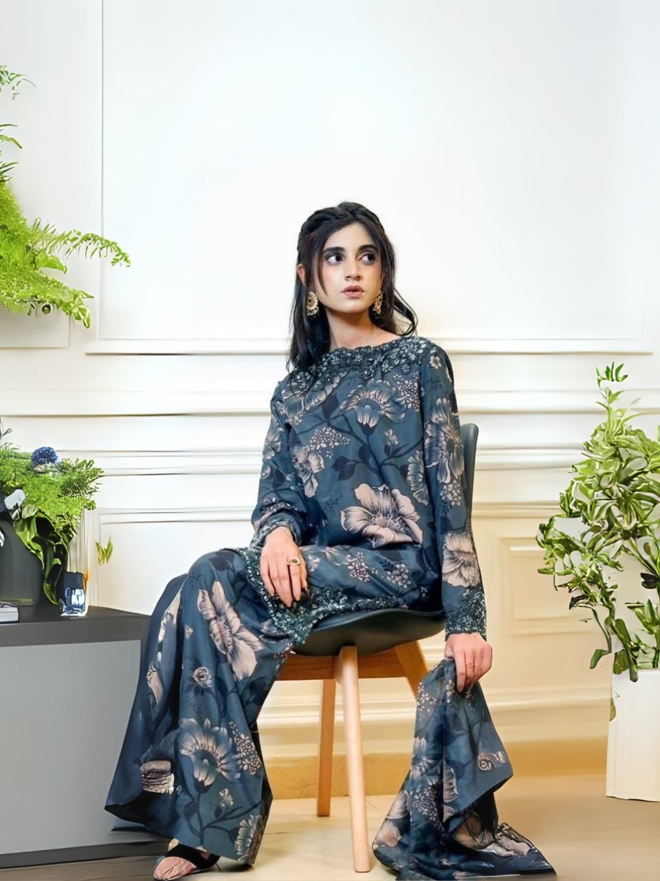 women wear Khaadi Lawn 3 Piece Suit | Colour-Dark Grey Blue women wear Khaadi Lawn 3 Piece Suit in Dark Grey Blue