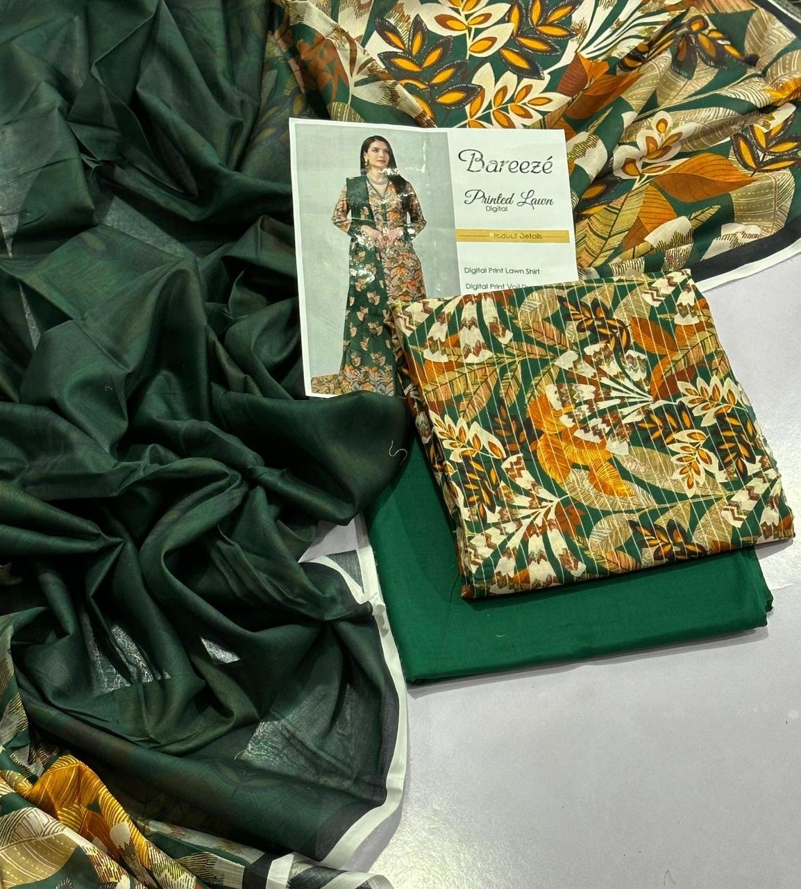 Bareeze Lawn Unstitched 3 Piece Suit | Colour-Evergreen Suit