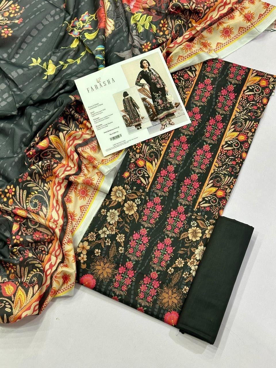 Farasha Lawn Unstitched 3 Piece Suit | Colour-Dark Jungle Green Farasha Lawn Unstitched 3 Piece Suit | Colour-Dark Jungle Green