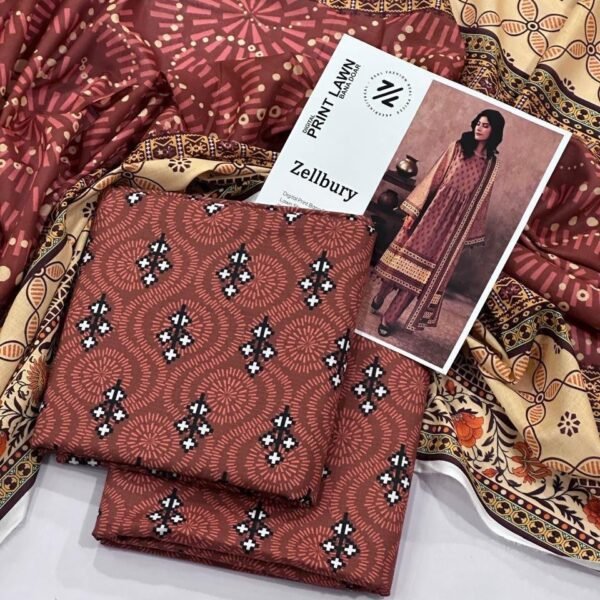 Zellbury Lawn Unstitched 3 Piece Suit | Colour-Deep Coffee Suit