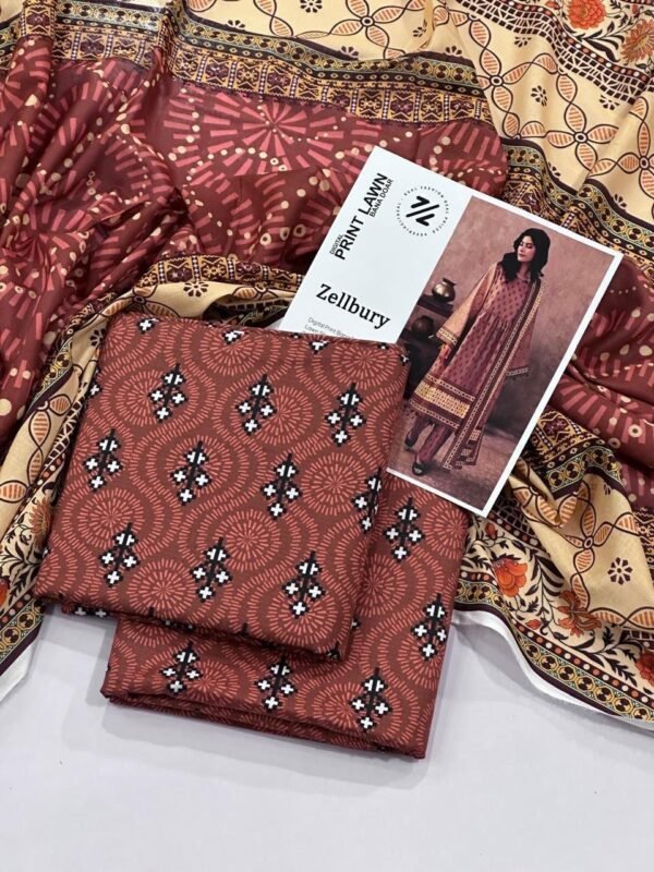 Zellbury Lawn Unstitched 3 Piece Suit | Colour-Deep Coffee Suit
