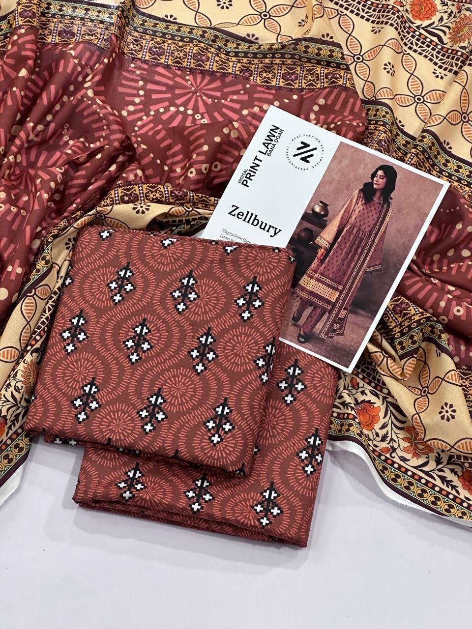 Zellbury Lawn Unstitched 3 Piece Suit | Colour-Deep Coffee Suit Zellbury Lawn Unstitched 3 Piece Suit | Colour-Deep Coffee Suit