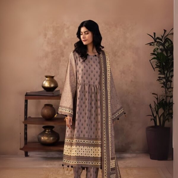 women wear Zellbury Lawn 3 Piece Suit | Colour-Deep Coffee Suit