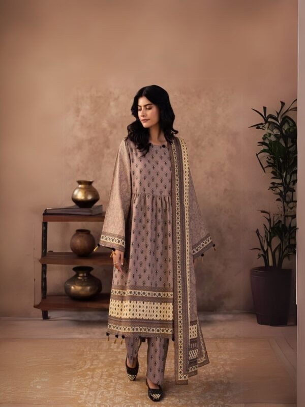 women wear Zellbury Lawn 3 Piece Suit | Colour-Deep Coffee Suit