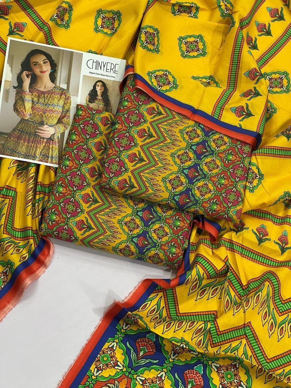 Chinyere Print Lawn Unstitched 3 Piece Suit | Colour-Golden