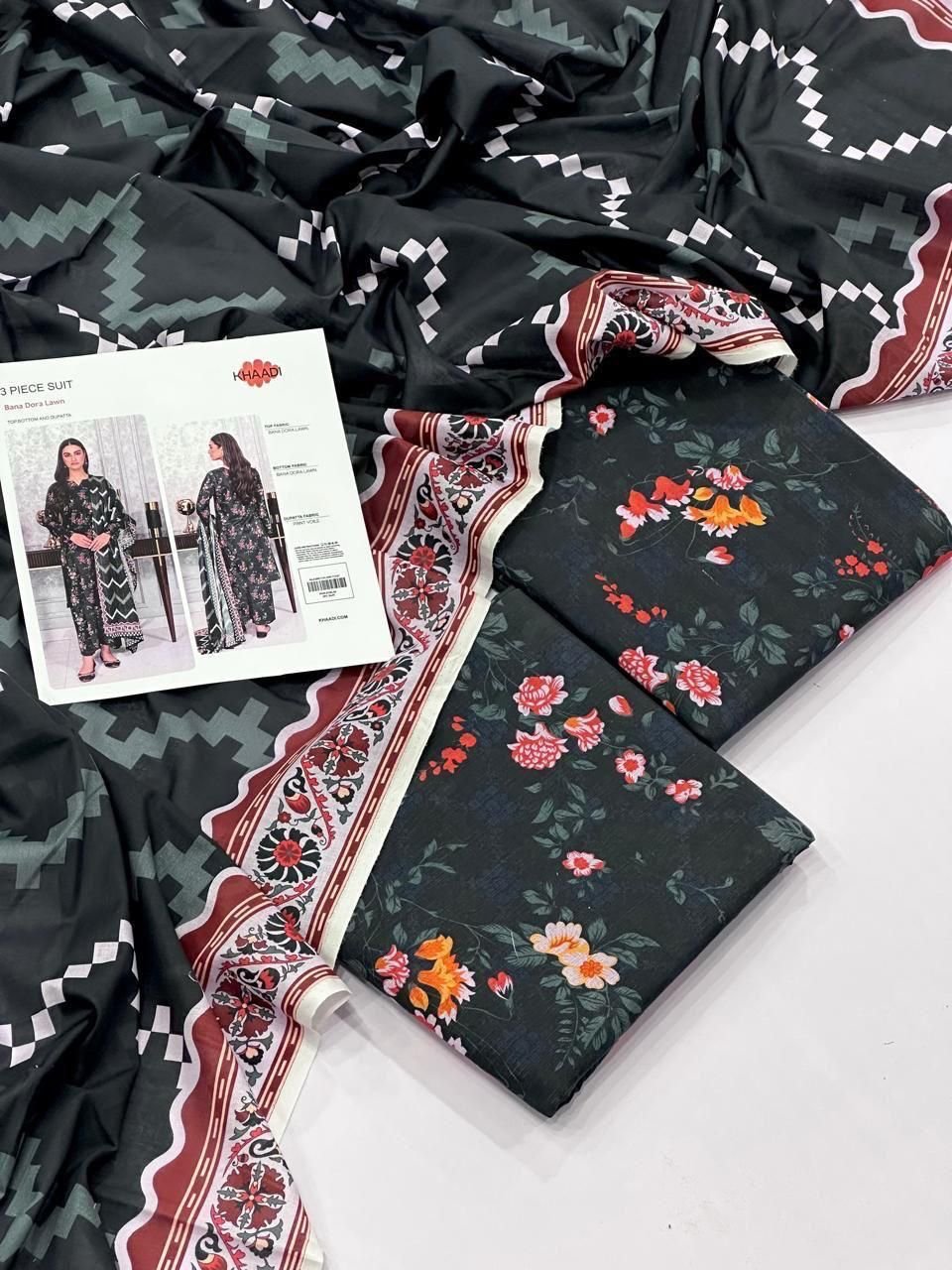 Khaadi Lawn Unstitched 3 Piece Suit | Colour-Charcoal Khaadi Lawn Unstitched 3 Piece Suit | Colour-Charcoal