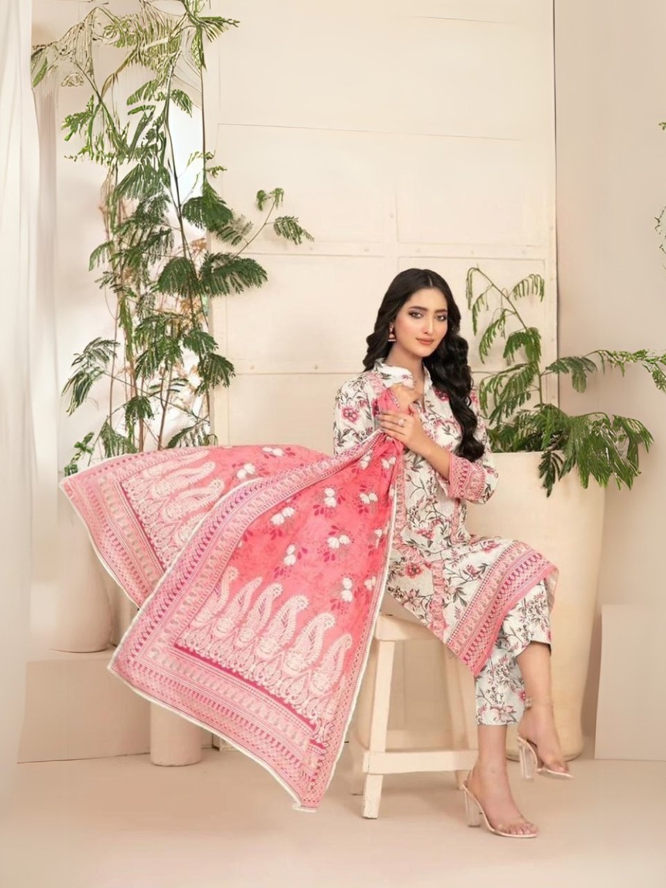 women wear Nishat Lawn 3 Piece Suit | Colour- Peach Puff