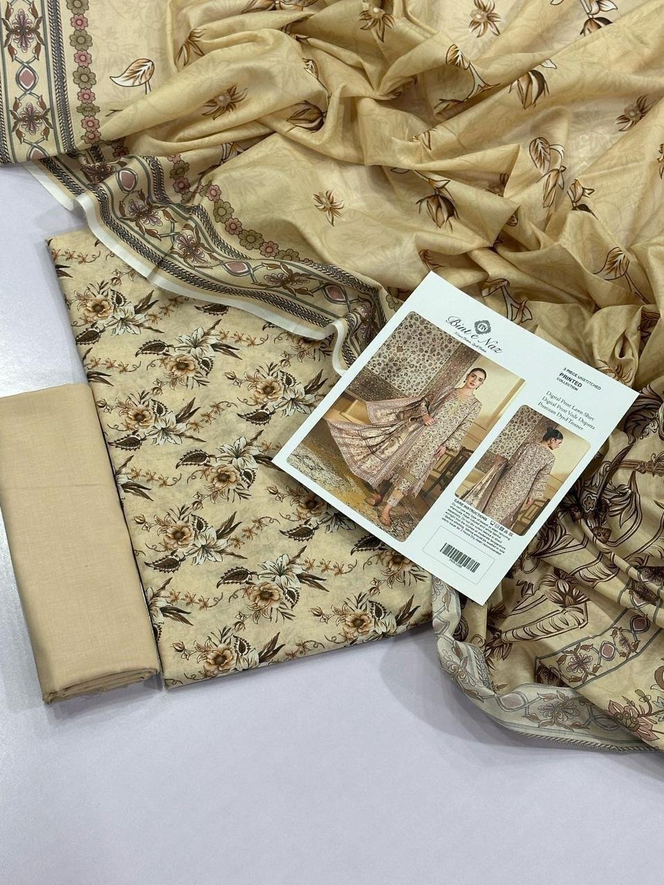Bint e Naz Lawn Unstitched 3 Piece Suit | Colour-Very Light Brown Suit