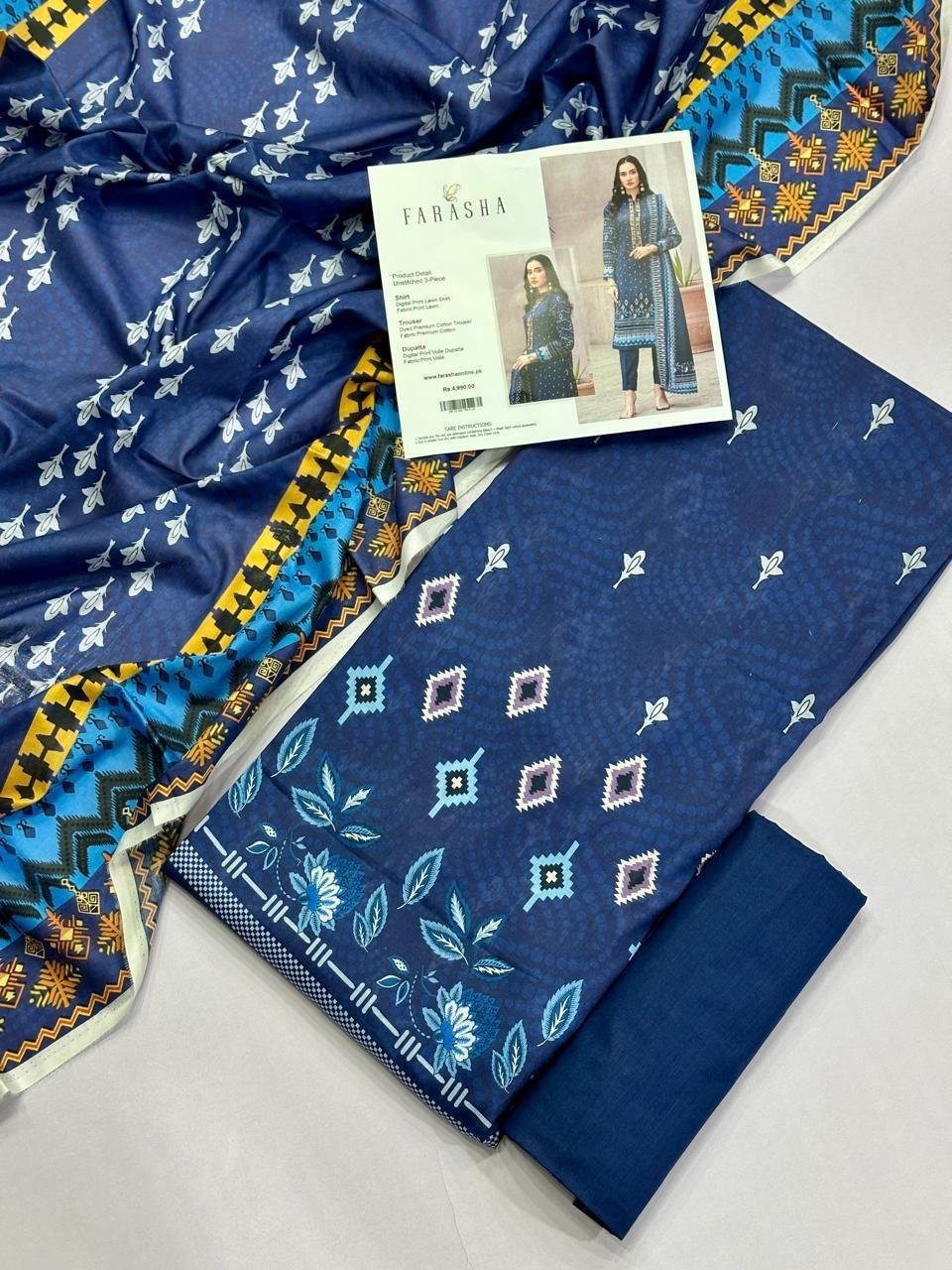 Farasha Lawn Unstitched 3 Piece Suit | Colour-Blue Jay Farasha Lawn Unstitched 3 Piece Suit | Colour-Blue Jay