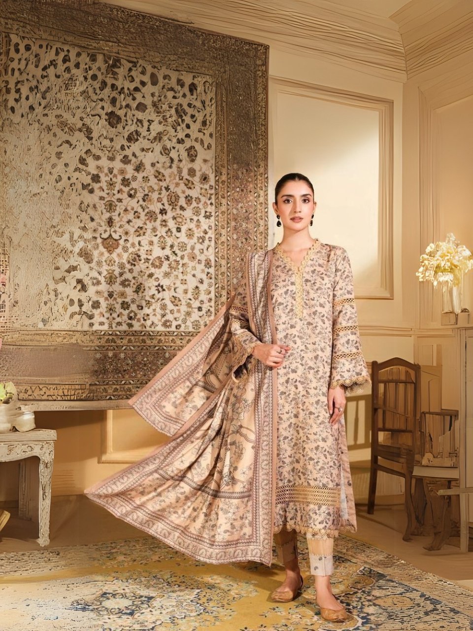 women wear Bint e Naz Lawn 3 Piece Suit | Colour-Very Light Brown Suit