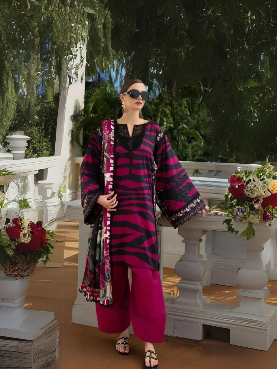 Women wear Maria B Lawn 3 Piece Suit | Colour-Red Violet