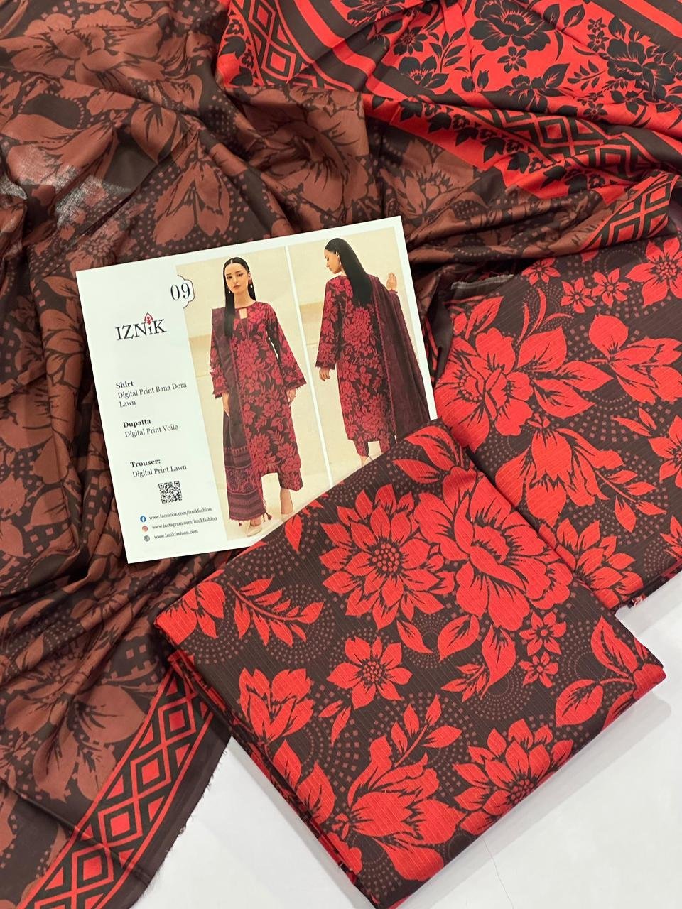 Iznik Lawn Unstitched 3 Piece Suit | Colour-Brown