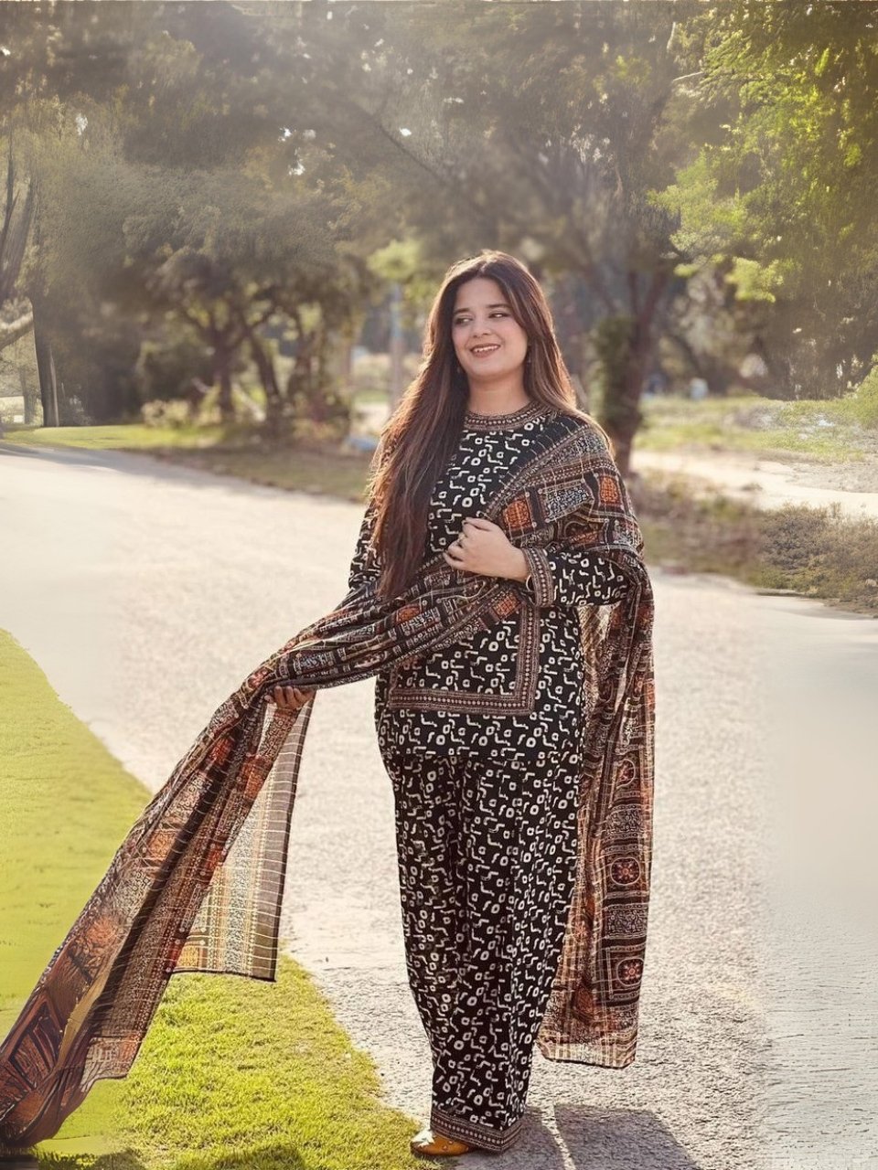 women wear Nishat Lawn 3 Piece Suit | Colour- Black