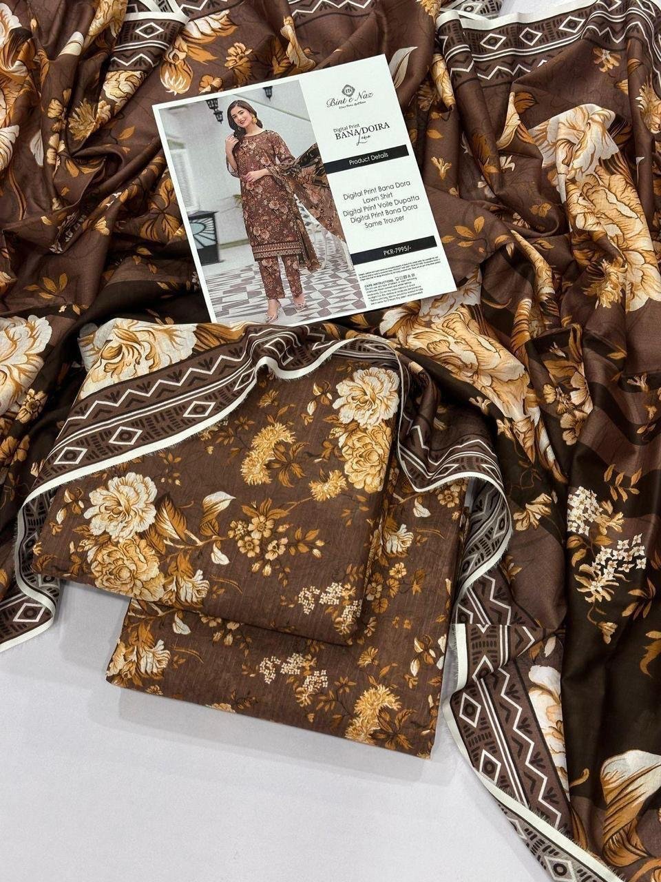 Bint e Naz Lawn Unstitched 3 Piece Suit | Colour- Brown Bint e Naz Lawn Unstitched 3 Piece Suit | Colour- Brown