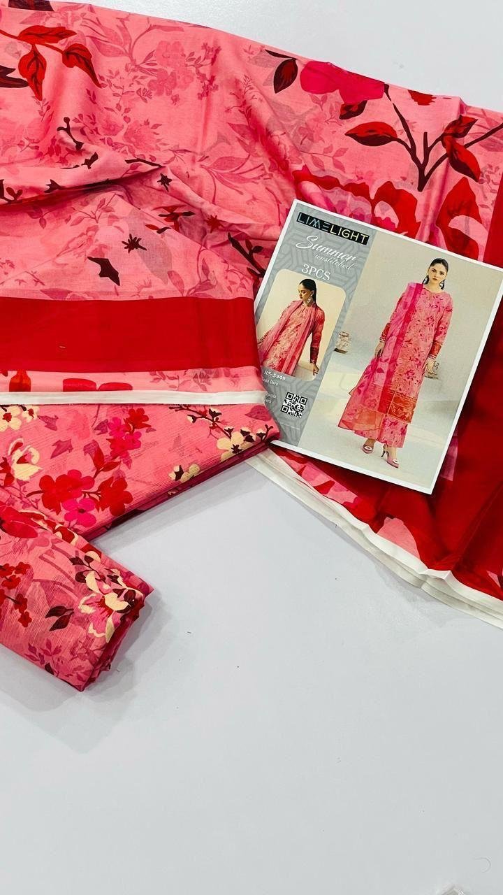 Limelight Summer Unstitched Lawn 3 Piece Suit | Colour- Pinkish Red