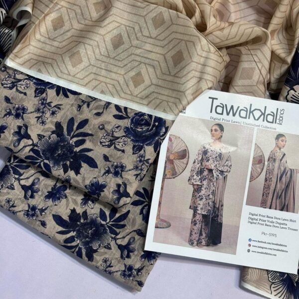 Tawakkal Lawn Unstitched 3 Piece Suit | Colour-Natural Grey