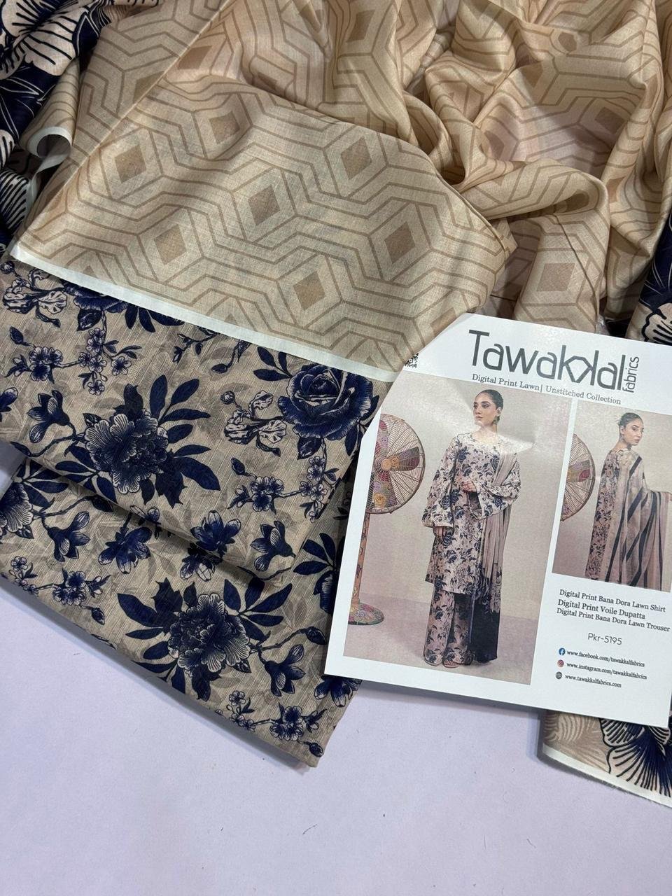 Tawakkal Lawn Unstitched 3 Piece Suit | Colour-Natural Grey