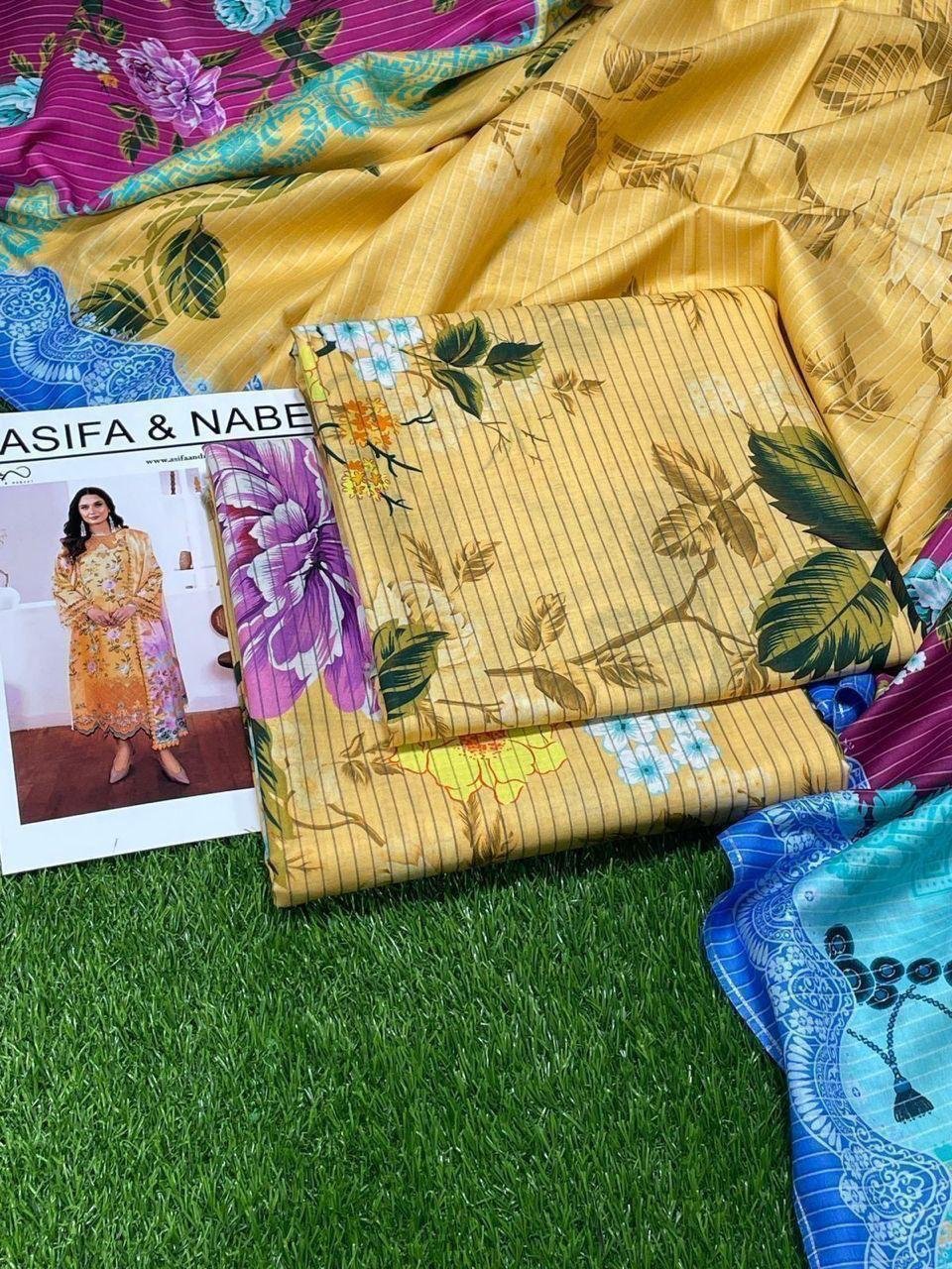 Asifa and Nabeel Lawn Unstitched 3 Piece Suit | Colour-Golden Suit Asifa and Nabeel Lawn Unstitched 3 Piece Suit | Colour-Golden Suit